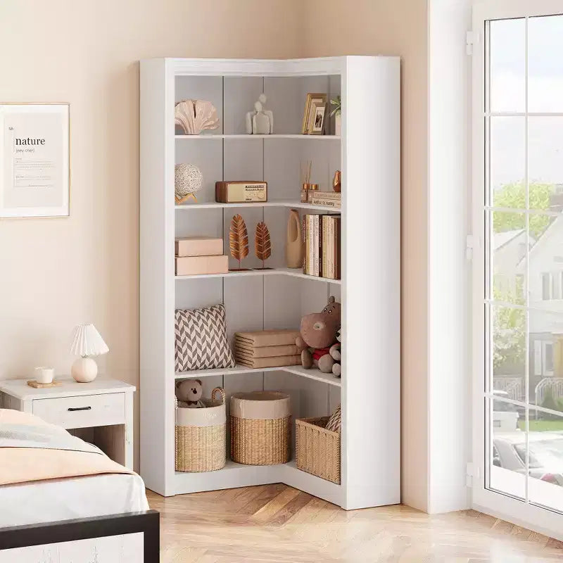 Libreria angolare alta 182 cm, libreria a L a 5 ripiani, libreria rustica con contenitore per soggiorno e ufficio, bianca