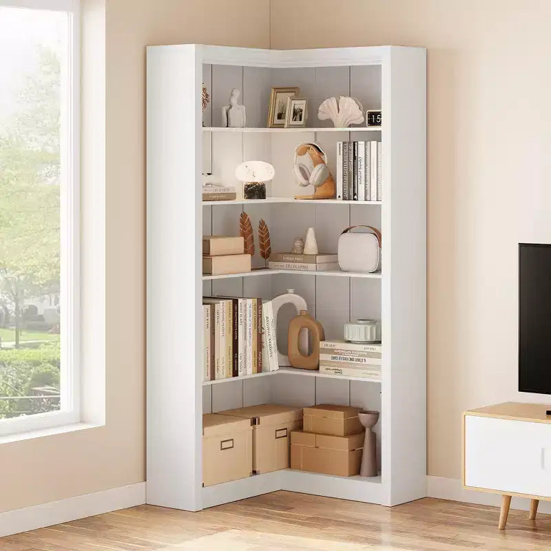 Libreria angolare alta 182 cm, libreria a L a 5 ripiani, libreria rustica con contenitore per soggiorno e ufficio, bianca