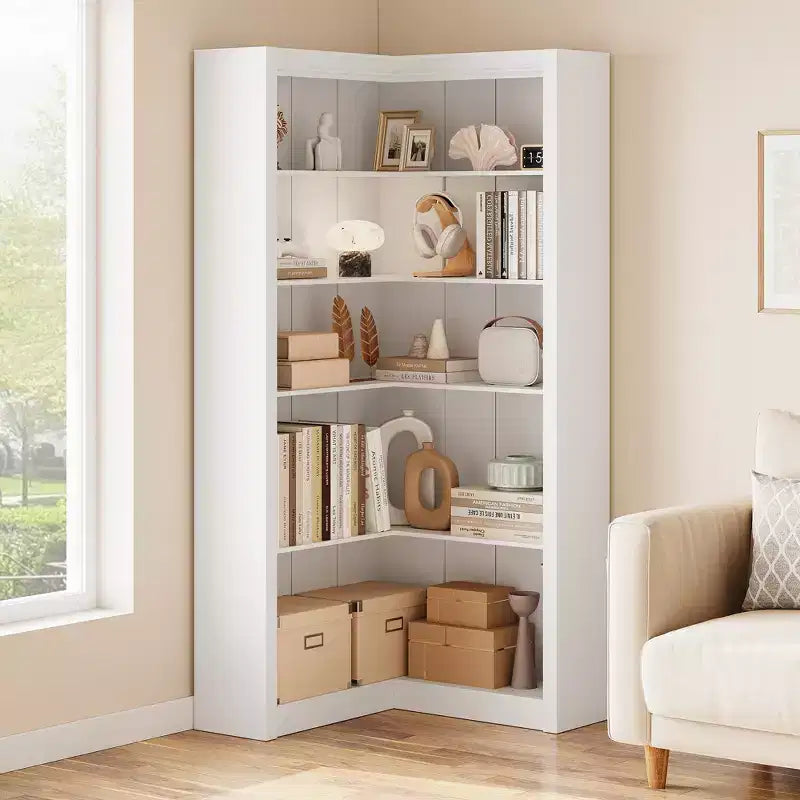 Libreria angolare alta 182 cm, libreria a L a 5 ripiani, libreria rustica con contenitore per soggiorno e ufficio, bianca