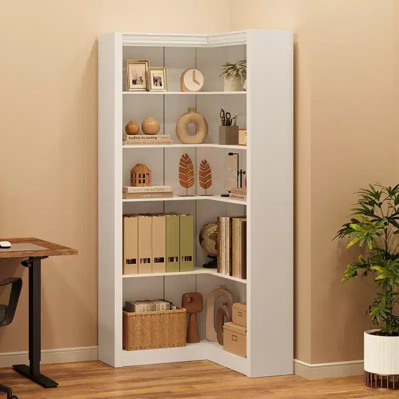 Libreria angolare alta 182 cm, libreria a L a 5 ripiani, libreria rustica con contenitore per soggiorno e ufficio, bianca