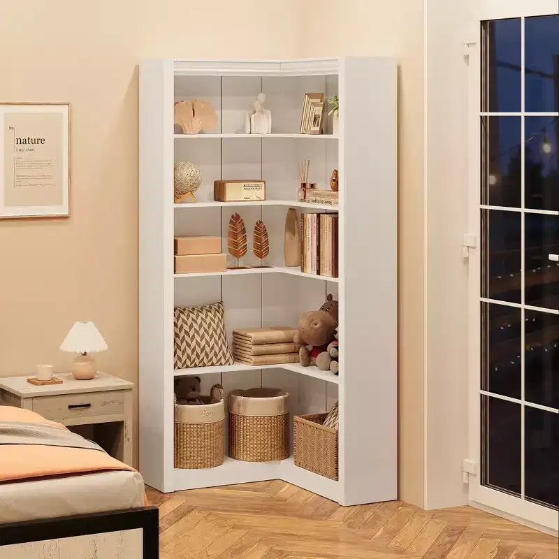 Libreria angolare alta 182 cm, libreria a L a 5 ripiani, libreria rustica con contenitore per soggiorno e ufficio, bianca