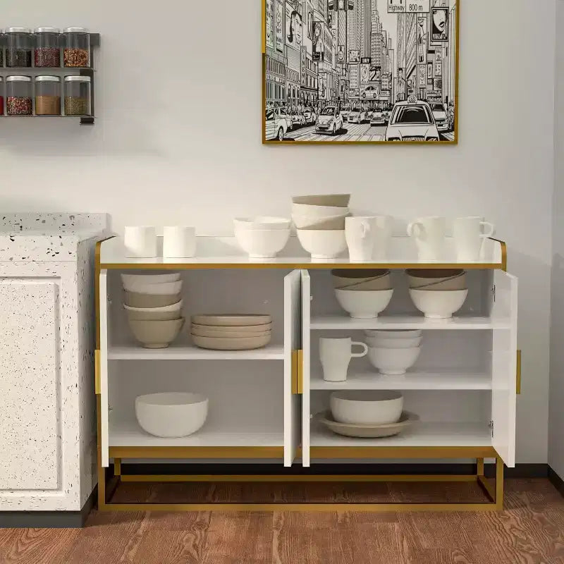 Credenza da Cucina Contemporanea con Recinzione di Sicurezza sul Piano di Lavoro, Mobile Contenitore Autoportante per Sala da Pranzo, Ingresso, Camera da Letto