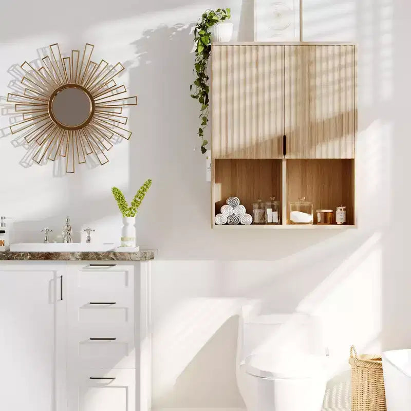 Mobiletto da Bagno a Parete, Mobiletto da Bagno con Finitura Naturale, Mobiletto Sopra WC con Ripiano Regolabile, Armadietto dei Medicinali in Legno con Cerniere