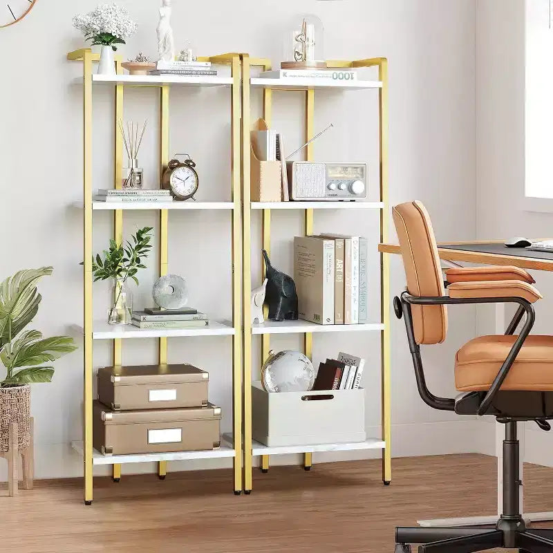 Libreria Dorata a 4 Ripiani, Scaffale Stretto con Ripiani Effetto Marmo e Struttura in Metallo, per Camera da Letto o Ufficio