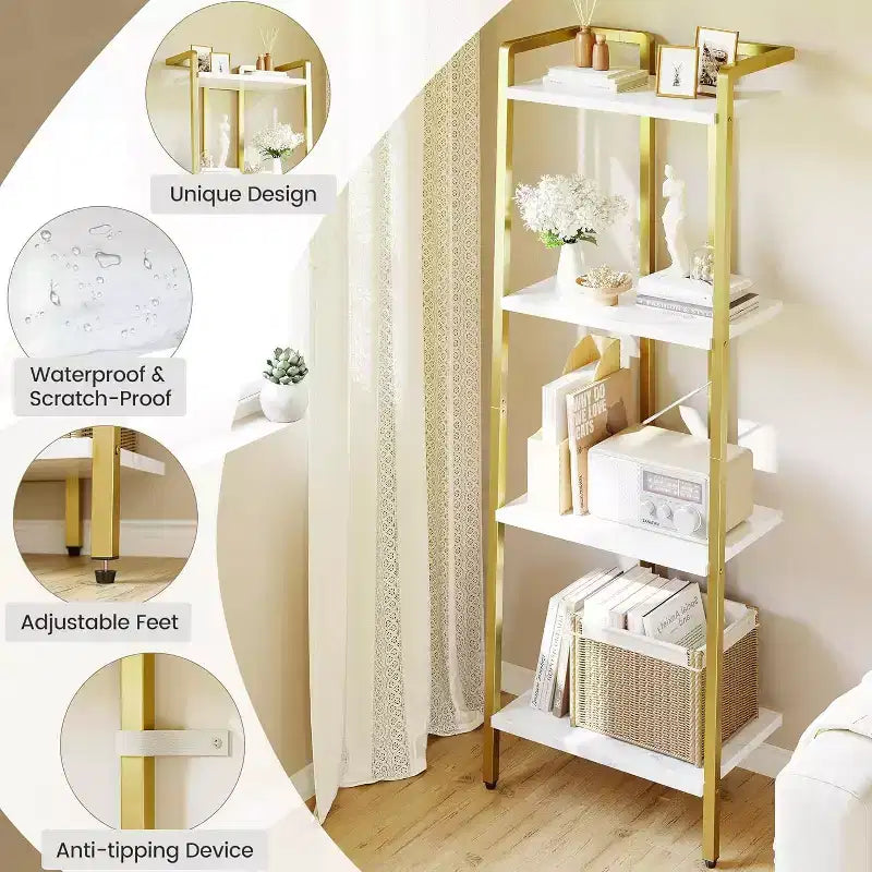 Libreria Dorata a 4 Ripiani, Scaffale Stretto con Ripiani Effetto Marmo e Struttura in Metallo, per Camera da Letto o Ufficio