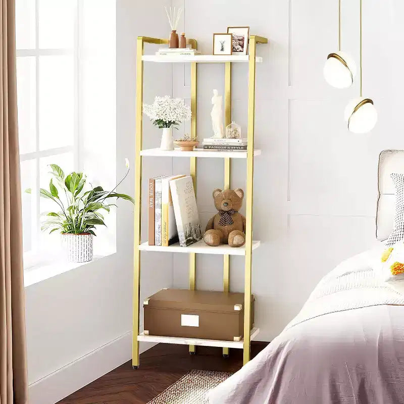 Libreria Dorata a 4 Ripiani, Scaffale Stretto con Ripiani Effetto Marmo e Struttura in Metallo, per Camera da Letto o Ufficio