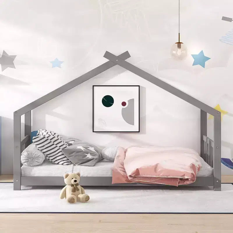 Letto a pavimento singolo, Struttura letto a pavimento singola con testiera, pediera, grigio