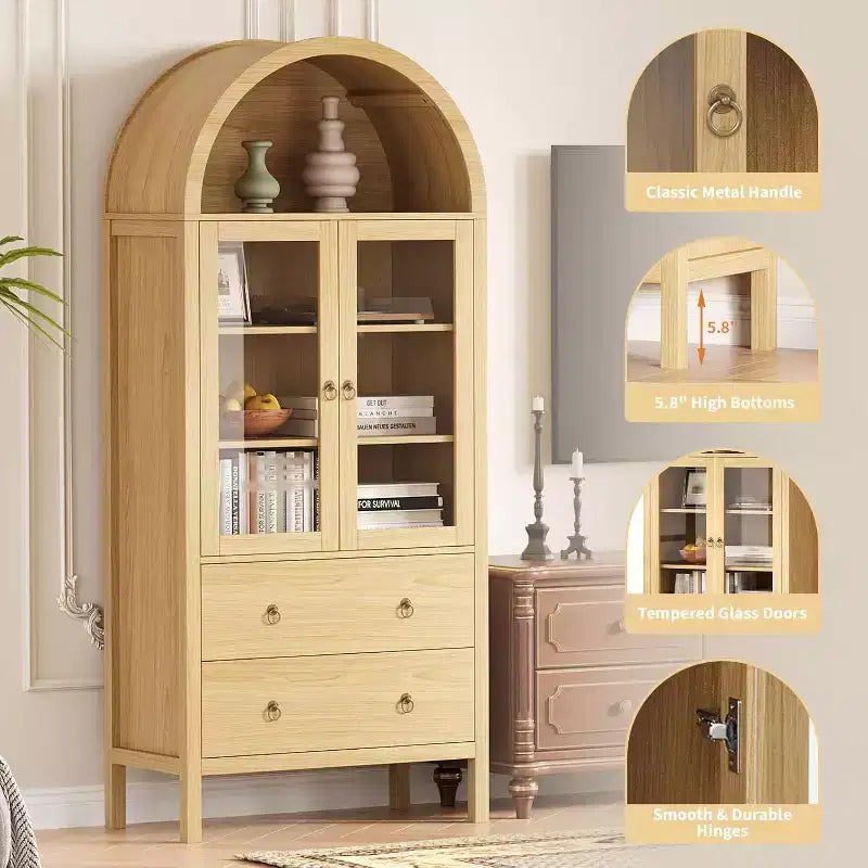 Mobile dispensa ad arco, 71" da fattoria con ante in vetro e 2 cassetti, ripiani regolabili per cucina, sala da pranzo, bagno