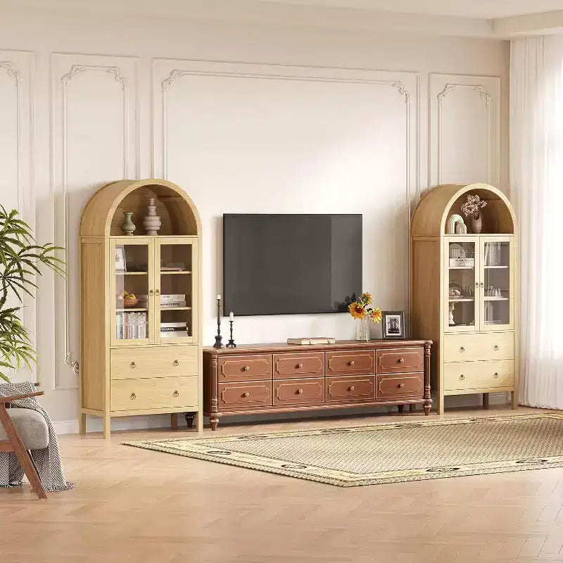 Mobile dispensa ad arco, 71" da fattoria con ante in vetro e 2 cassetti, ripiani regolabili per cucina, sala da pranzo, bagno