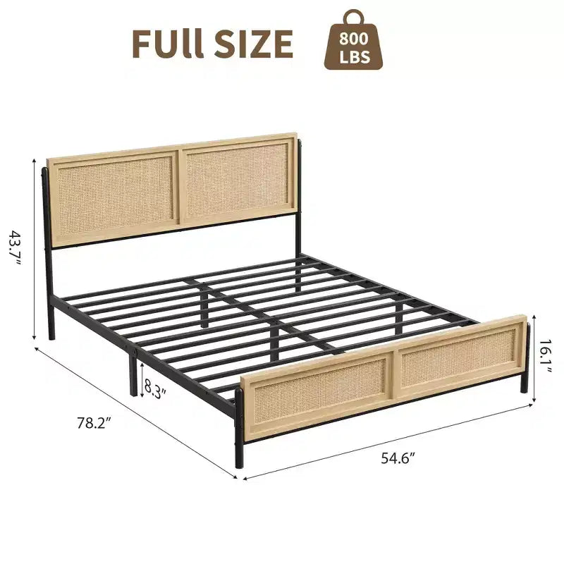 Struttura letto matrimoniale/king size Boho con testiera e pediera in rattan naturale, letto a piattaforma in legno senza bisogno di molle, silenzioso