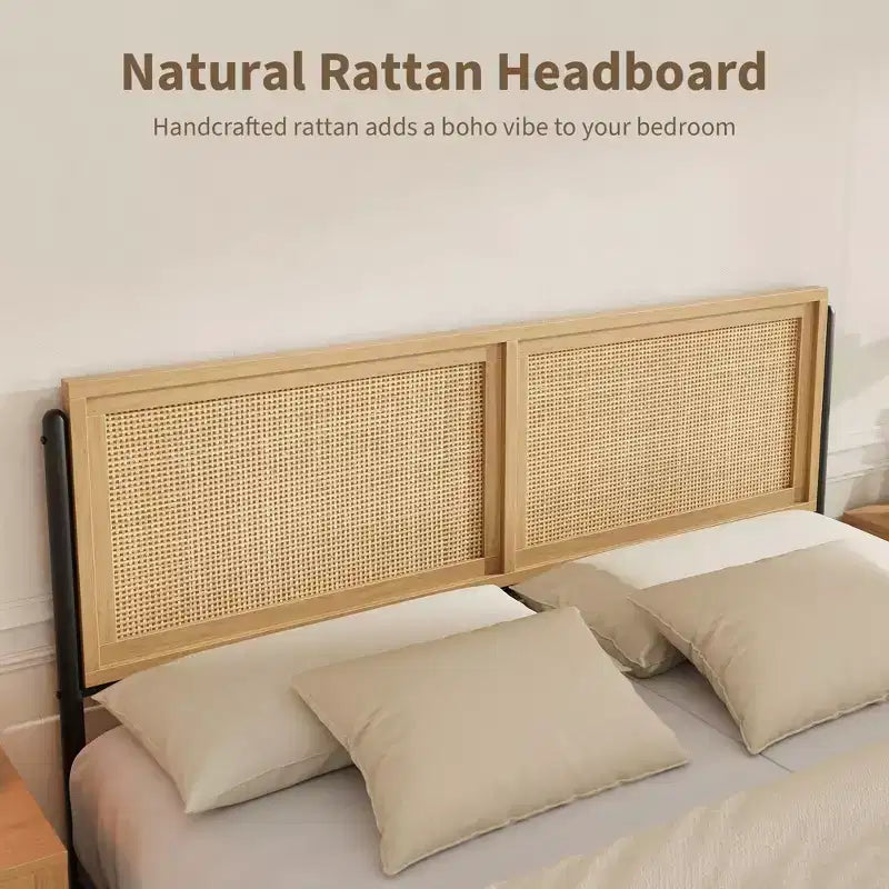 Struttura letto matrimoniale/king size Boho con testiera e pediera in rattan naturale, letto a piattaforma in legno senza bisogno di molle, silenzioso