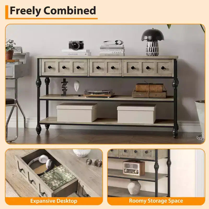 Tavolo consolle industriale da 132 cm con 3 cassetti e 3 ripiani, tavolo da divano in metallo per soggiorno, corridoio e ingresso, contenitore dietro il divano