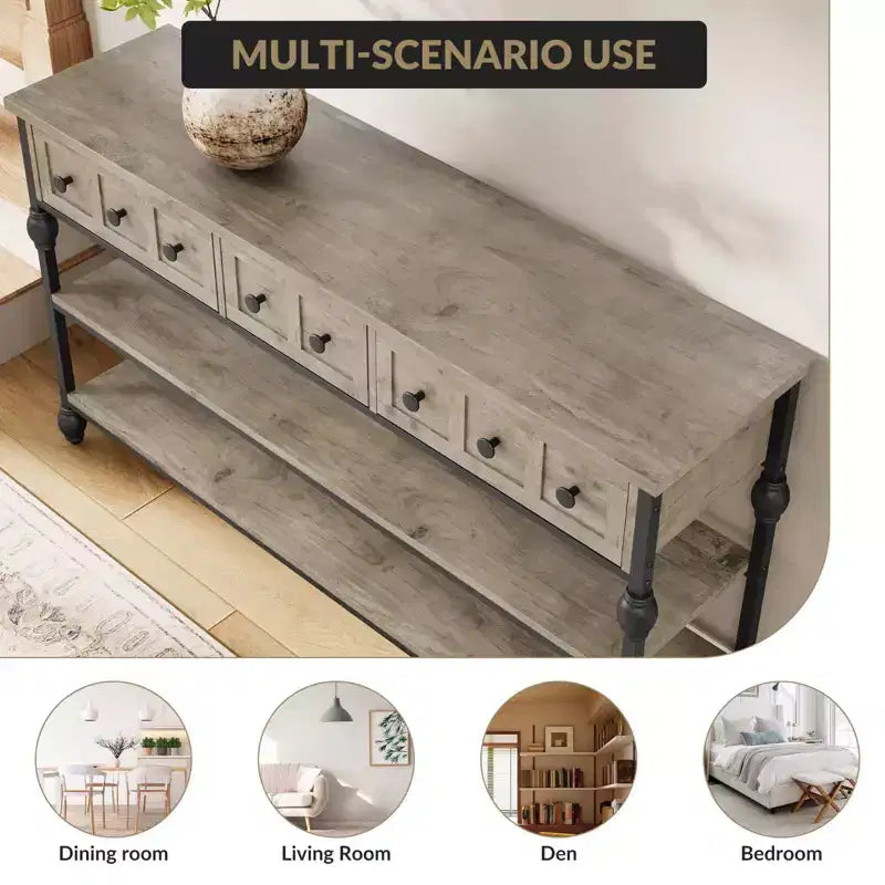 Tavolo consolle industriale da 132 cm con 3 cassetti e 3 ripiani, tavolo da divano in metallo per soggiorno, corridoio e ingresso, contenitore dietro il divano