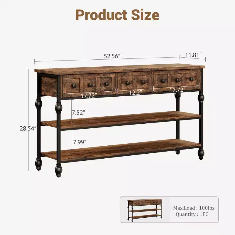 Tavolo consolle industriale da 132 cm con 3 cassetti e 3 ripiani, tavolo da divano in metallo per soggiorno, corridoio e ingresso, contenitore dietro il divano