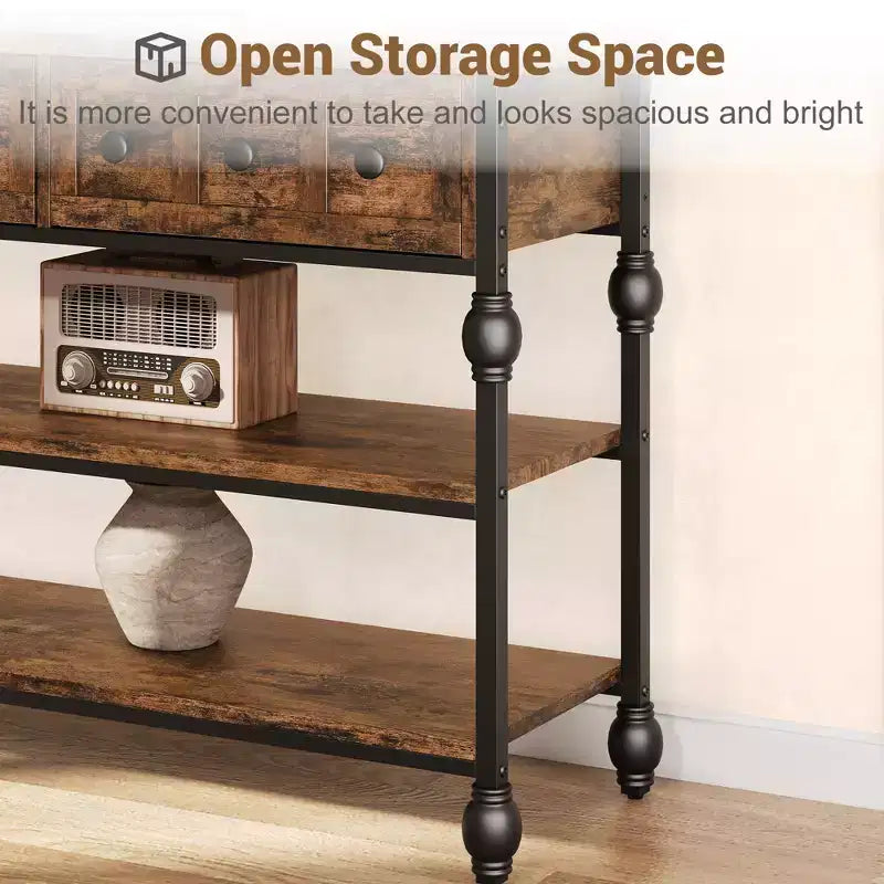 Tavolo consolle industriale da 132 cm con 3 cassetti e 3 ripiani, tavolo da divano in metallo per soggiorno, corridoio e ingresso, contenitore dietro il divano