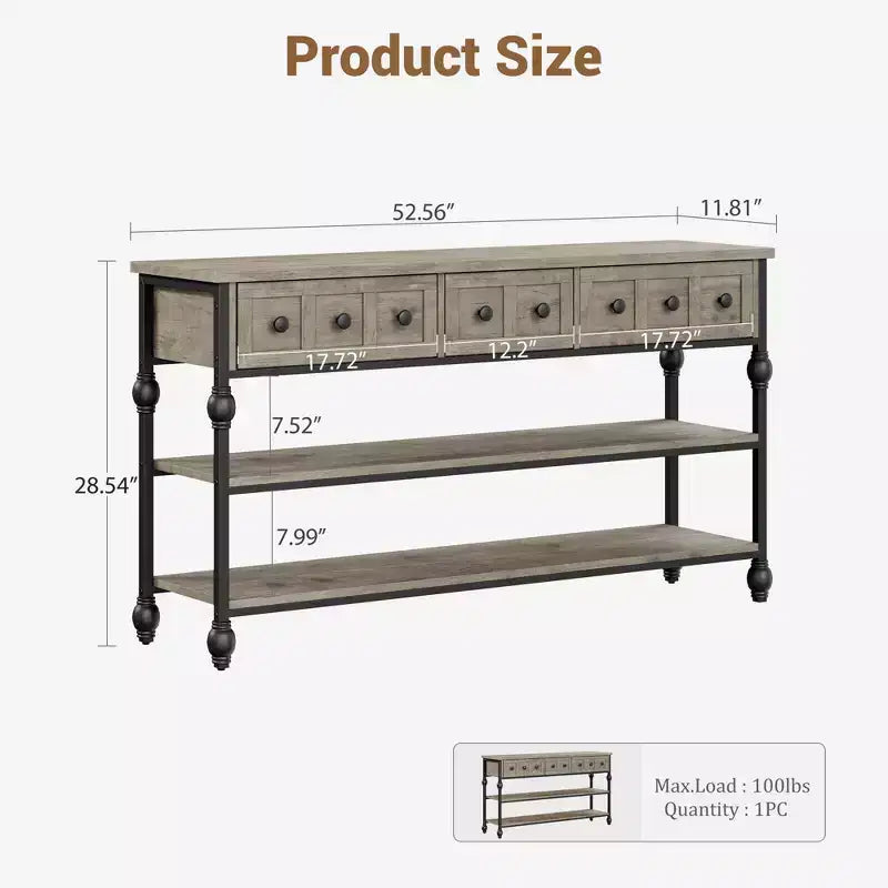 Tavolo consolle industriale da 132 cm con 3 cassetti e 3 ripiani, tavolo da divano in metallo per soggiorno, corridoio e ingresso, contenitore dietro il divano