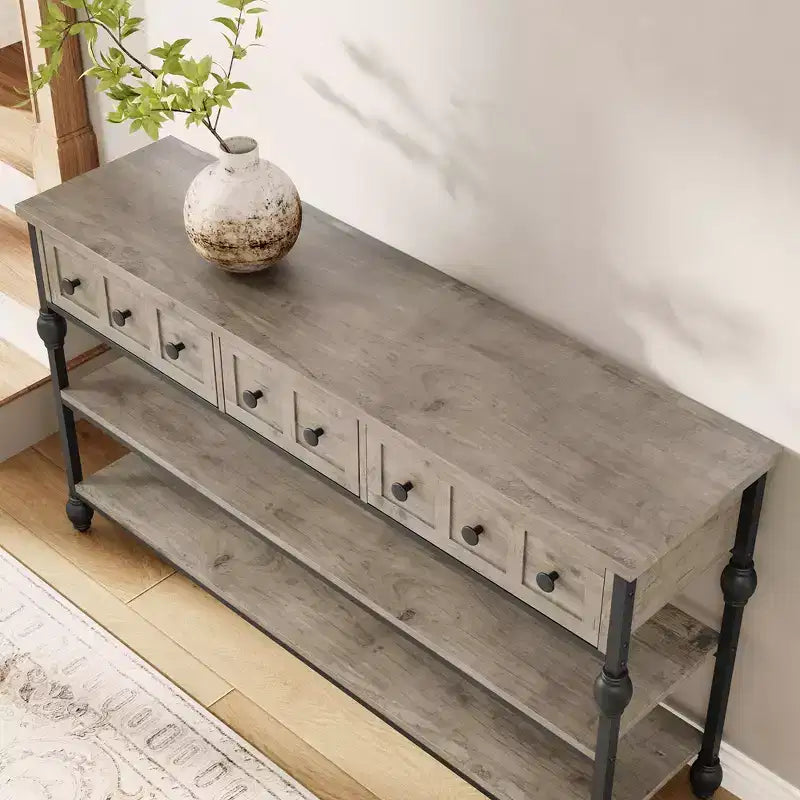 Tavolo consolle industriale da 132 cm con 3 cassetti e 3 ripiani, tavolo da divano in metallo per soggiorno, corridoio e ingresso, contenitore dietro il divano