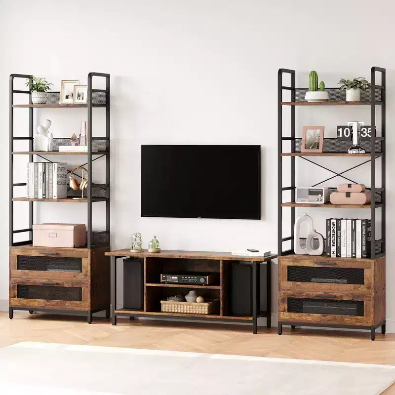 70,87 Libreria alta con cassetti, scaffale industriale con 4 ripiani aperti per camera da letto, soggiorno, ufficio, marrone