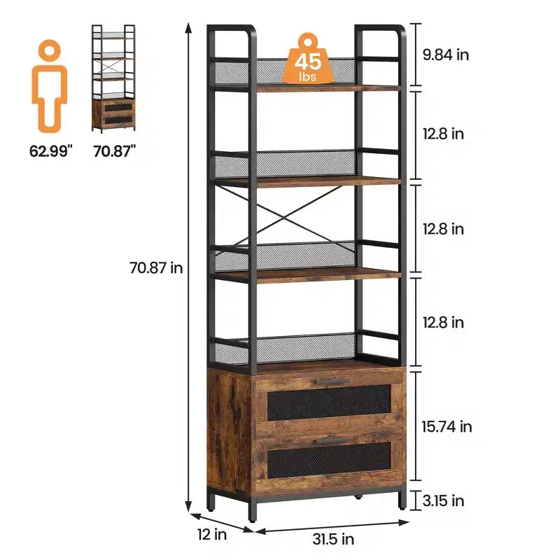 70,87 Libreria alta con cassetti, scaffale industriale con 4 ripiani aperti per camera da letto, soggiorno, ufficio, marrone