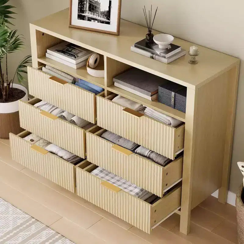 Cassettiera a 6 cassetti per camera da letto, Comò da fattoria con 2 ripiani aperti e ante scanalate, Contenitore e organizzazione per la casa per il soggiorno