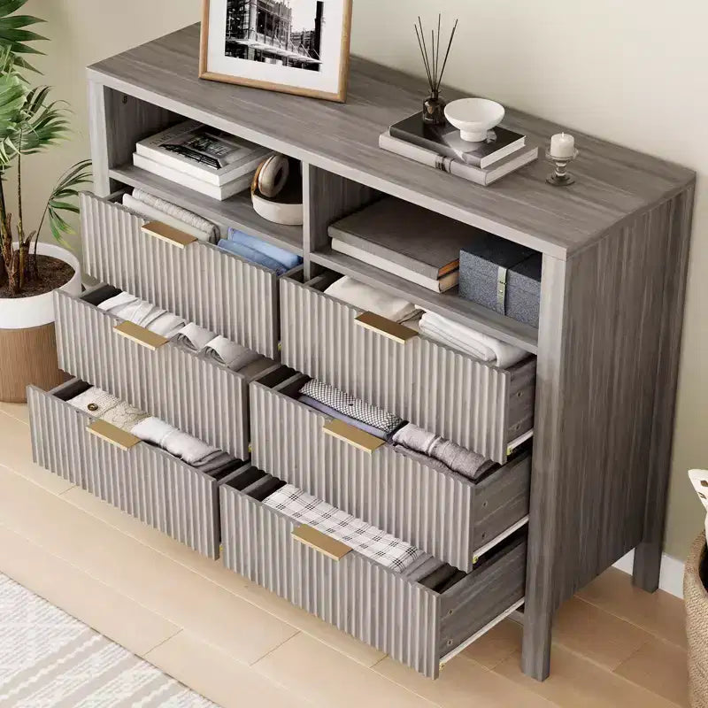 Cassettiera a 6 cassetti per camera da letto, Comò da fattoria con 2 ripiani aperti e ante scanalate, Contenitore e organizzazione per la casa per il soggiorno