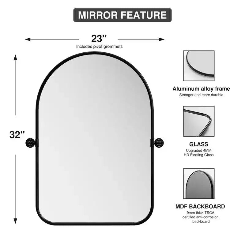 Specchio da parete inclinabile con cornice in metallo, ad arco in ferro nero, 32 x 23, regolabile, bifacciale, per bagno, camera da letto e soggiorno