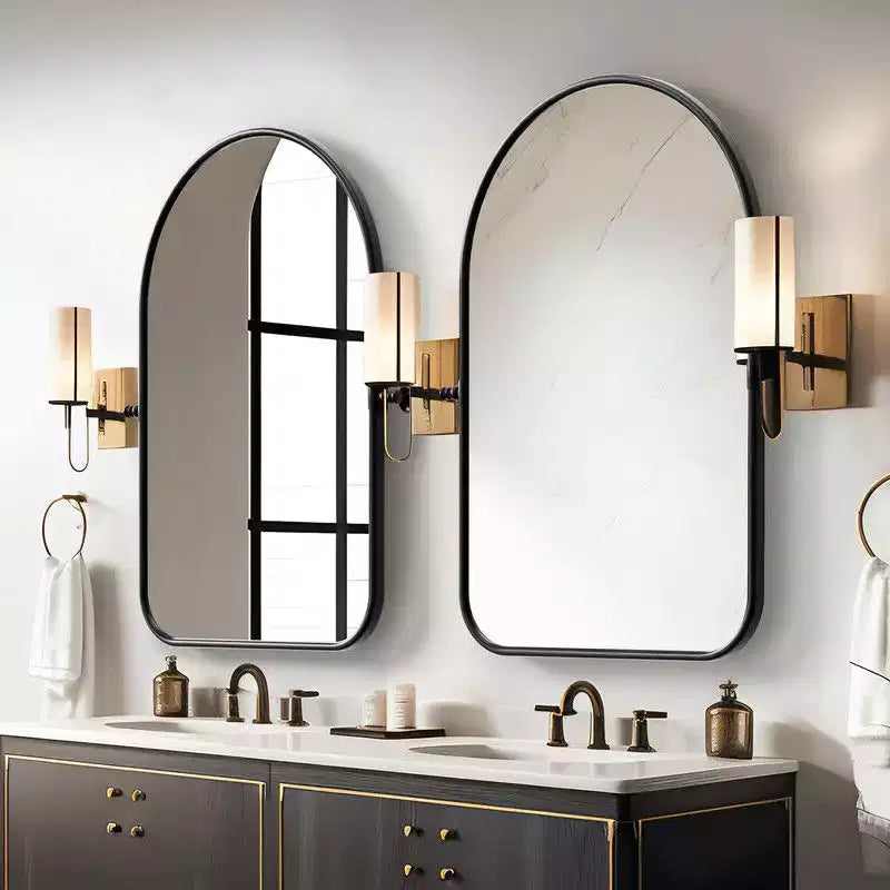 Specchio da parete inclinabile con cornice in metallo, ad arco in ferro nero, 32 x 23, regolabile, bifacciale, per bagno, camera da letto e soggiorno