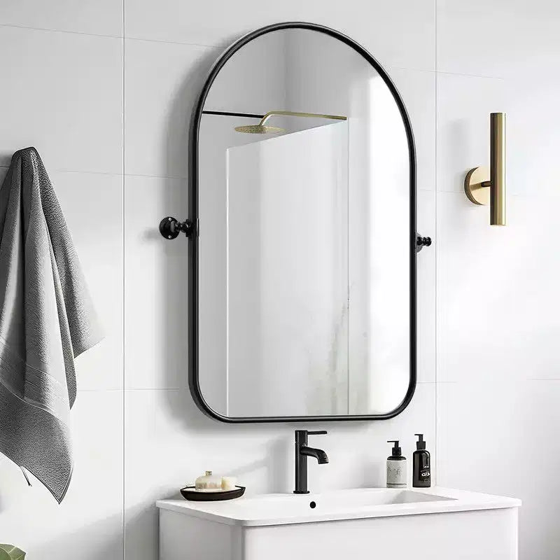 Specchio da parete inclinabile con cornice in metallo, ad arco in ferro nero, 32 x 23, regolabile, bifacciale, per bagno, camera da letto e soggiorno