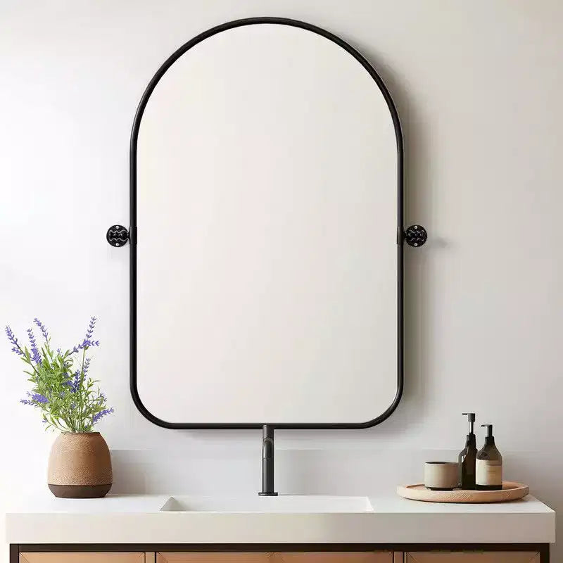 Specchio da parete inclinabile con cornice in metallo, ad arco in ferro nero, 32 x 23, regolabile, bifacciale, per bagno, camera da letto e soggiorno
