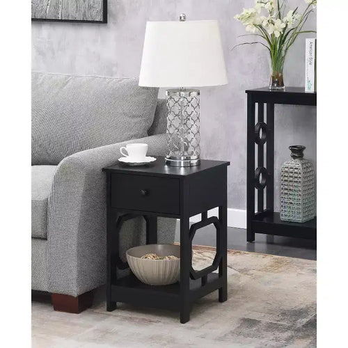 1 Drawer End Table with Octagon Side Design, Two Tier Shelves and Pull Out Drawer, Stylish Accent Table for Bedroom Storage