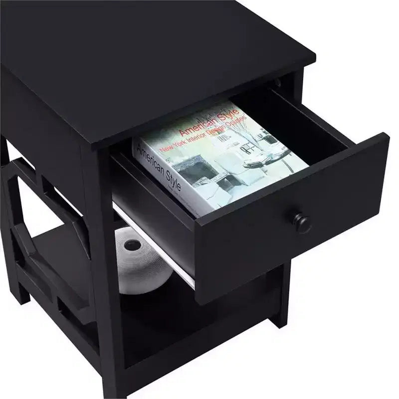 Tavolino comodino a un cassetto con design laterale ottagonale, due ripiani e cassetto estraibile, tavolino d'appoggio elegante per riporre oggetti in camera da letto
