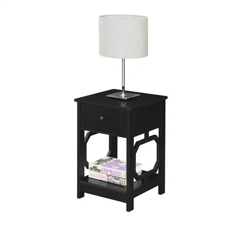 Tavolino comodino a un cassetto con design laterale ottagonale, due ripiani e cassetto estraibile, tavolino d'appoggio elegante per riporre oggetti in camera da letto