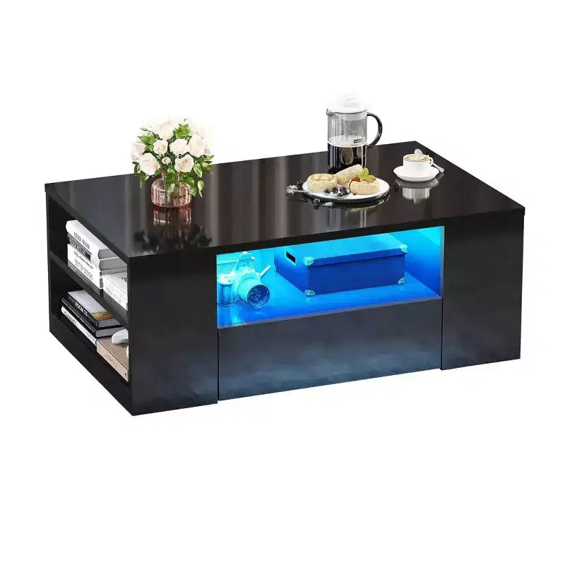 Tavolino da Caffè Moderno per Salotto con LED Lucido Tavolino Centrale in Legno con 2 Cassetti Scorjevoli e Ripiano Laterale Aperto