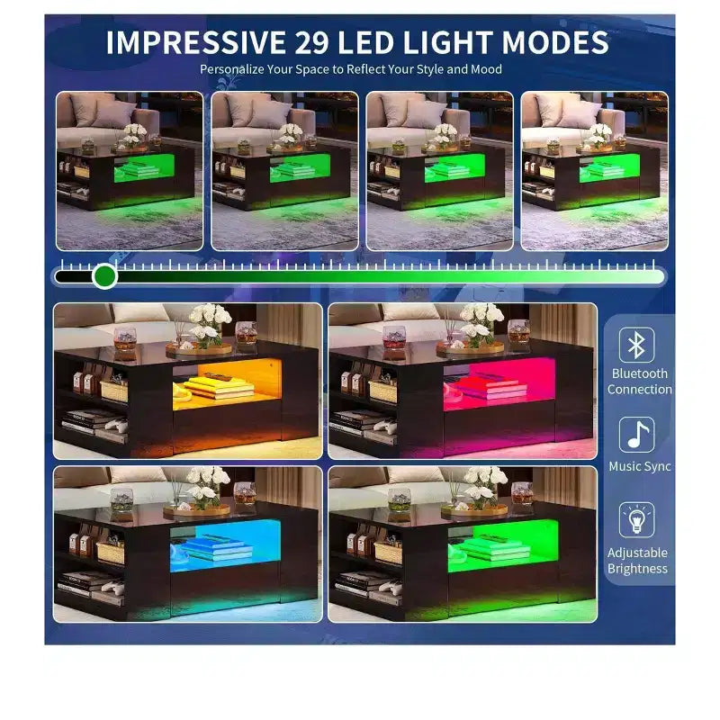Tavolino da Caffè Moderno per Salotto con LED Lucido Tavolino Centrale in Legno con 2 Cassetti Scorjevoli e Ripiano Laterale Aperto