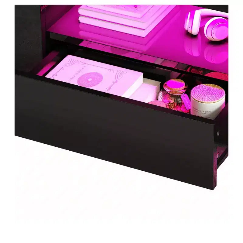 Tavolino da Caffè Moderno per Salotto con LED Lucido Tavolino Centrale in Legno con 2 Cassetti Scorjevoli e Ripiano Laterale Aperto