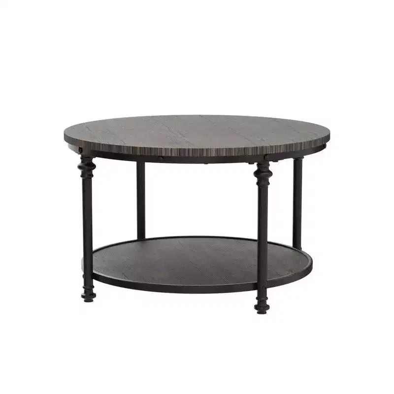 Tavolino rotondo da caffè per soggiorno, tavolino centrale rustico con ripiano portaoggetti, tavolino circolare in legno con robuste gambe in metallo