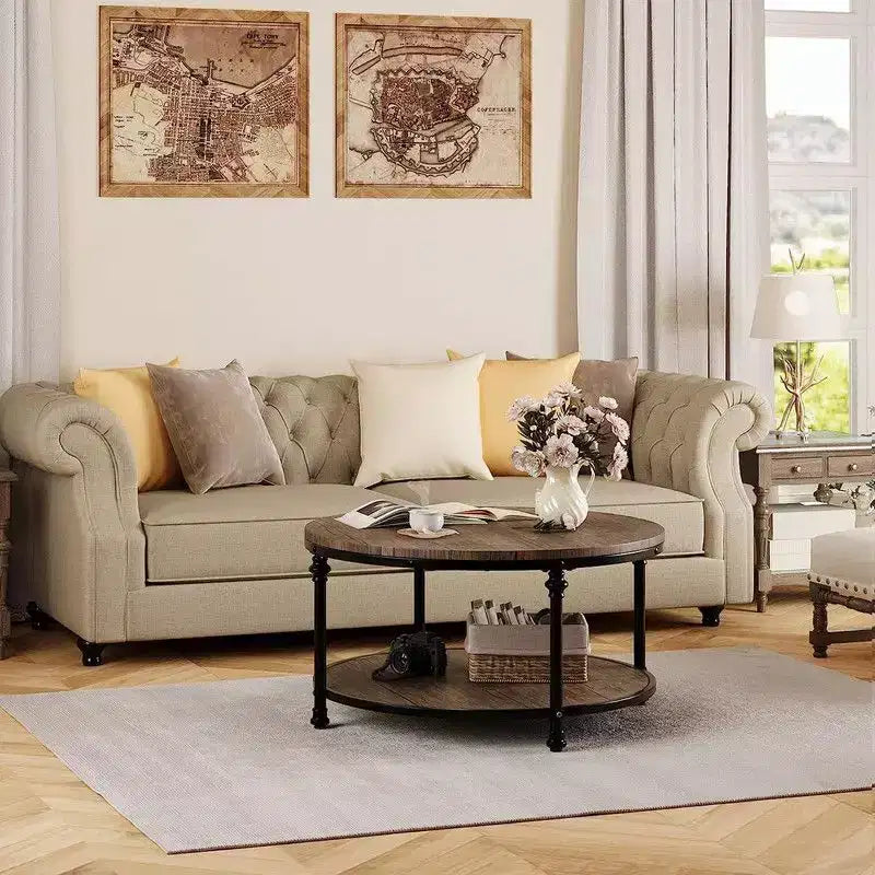 Tavolino rotondo da caffè per soggiorno, tavolino centrale rustico con ripiano portaoggetti, tavolino circolare in legno con robuste gambe in metallo