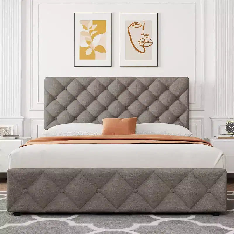 Struttura Letto Matrimoniale Queen con 4 Cassetti Contenitore, Testiera Imbottita Regolabile, Rivestimento Trapuntato a Bottone a Diamante, Nessuna Rete a Molle Richiesta, Grigio