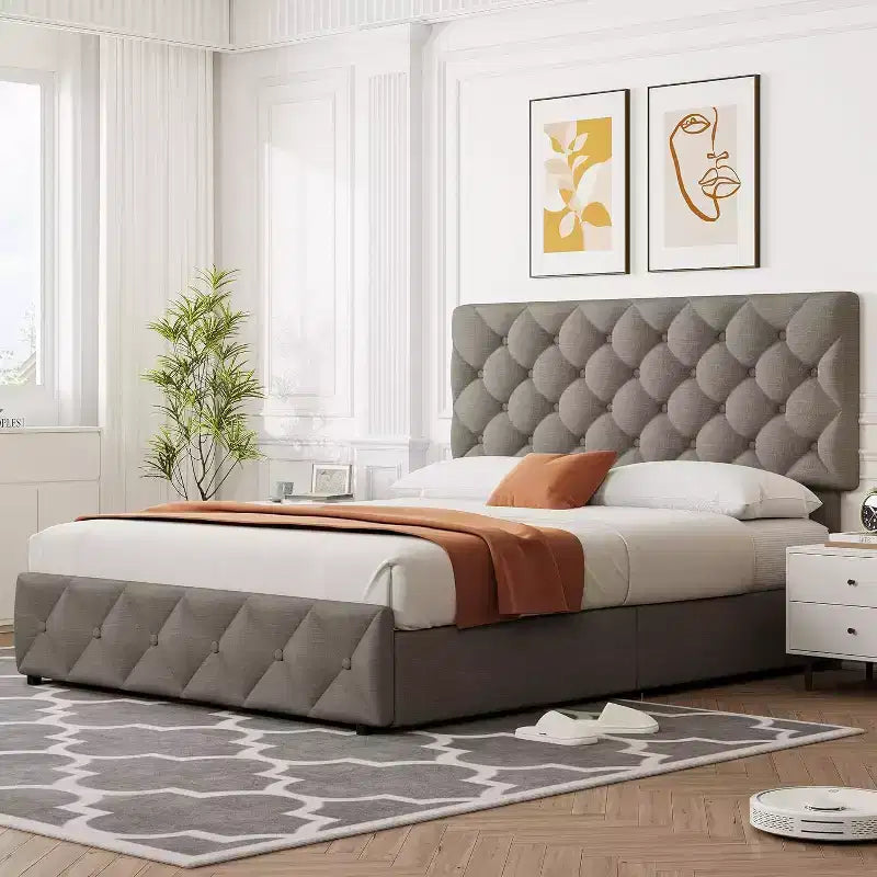 Struttura Letto Matrimoniale Queen con 4 Cassetti Contenitore, Testiera Imbottita Regolabile, Rivestimento Trapuntato a Bottone a Diamante, Nessuna Rete a Molle Richiesta, Grigio