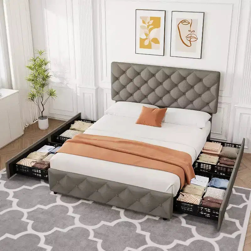 Struttura Letto Matrimoniale Queen con 4 Cassetti Contenitore, Testiera Imbottita Regolabile, Rivestimento Trapuntato a Bottone a Diamante, Nessuna Rete a Molle Richiesta, Grigio