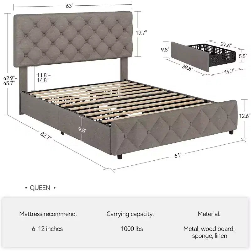 Struttura Letto Matrimoniale Queen con 4 Cassetti Contenitore, Testiera Imbottita Regolabile, Rivestimento Trapuntato a Bottone a Diamante, Nessuna Rete a Molle Richiesta, Grigio
