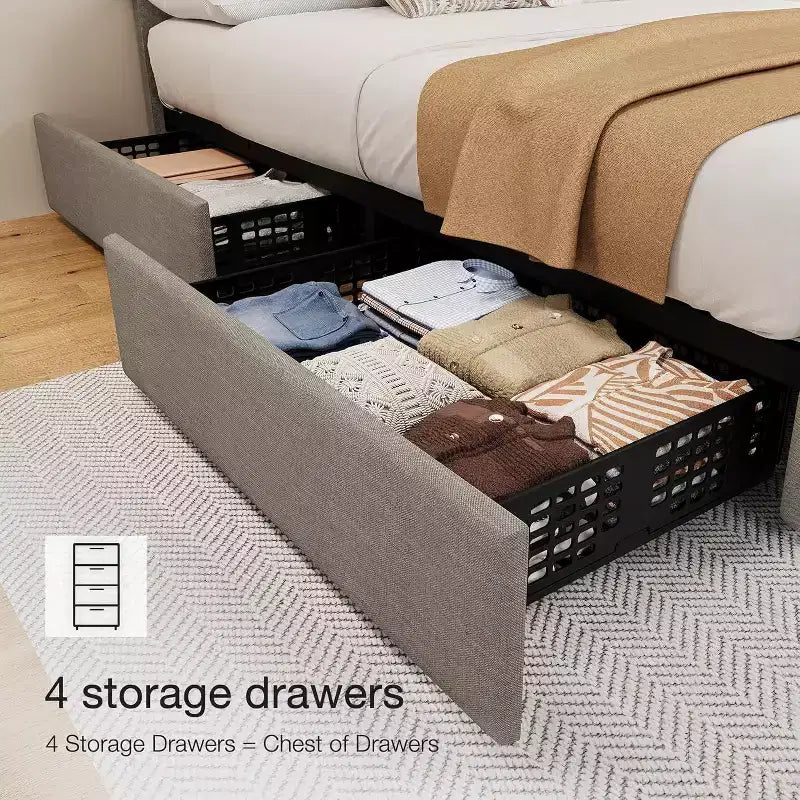 Struttura Letto Matrimoniale Queen con 4 Cassetti Contenitore, Testiera Imbottita Regolabile, Rivestimento Trapuntato a Bottone a Diamante, Nessuna Rete a Molle Richiesta, Grigio