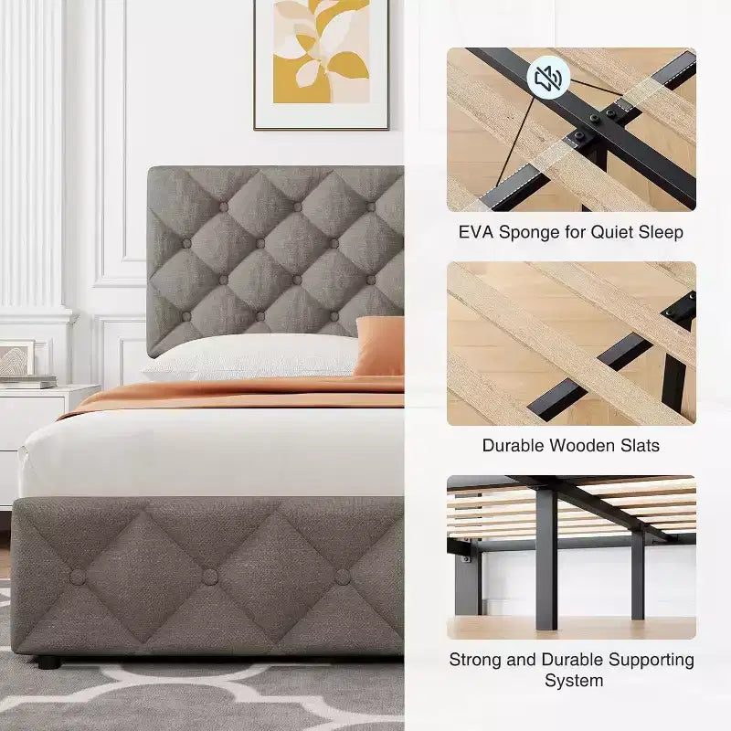 Struttura Letto Matrimoniale Queen con 4 Cassetti Contenitore, Testiera Imbottita Regolabile, Rivestimento Trapuntato a Bottone a Diamante, Nessuna Rete a Molle Richiesta, Grigio