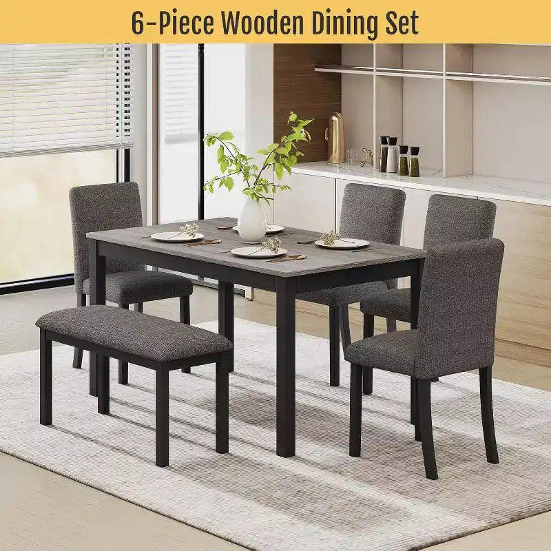 Set da tavolo da pranzo in legno massello da 6 pezzi, include 1 tavolo da pranzo, 4 sedie imbottite e 1 panca, per sala da pranzo, cucina, ristorante, grigio scuro