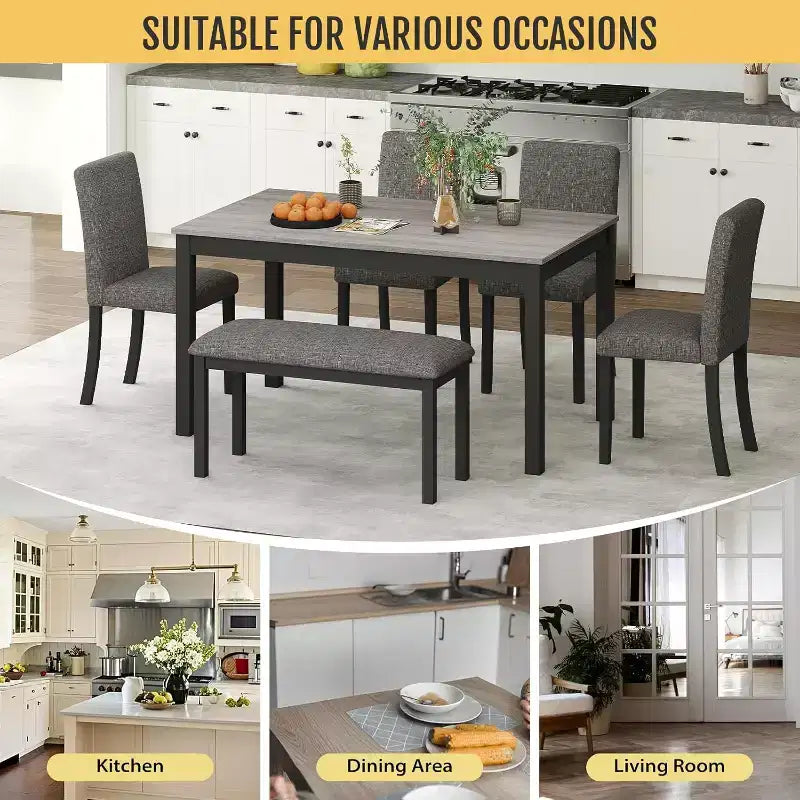 Set da tavolo da pranzo in legno massello da 6 pezzi, include 1 tavolo da pranzo, 4 sedie imbottite e 1 panca, per sala da pranzo, cucina, ristorante, grigio scuro