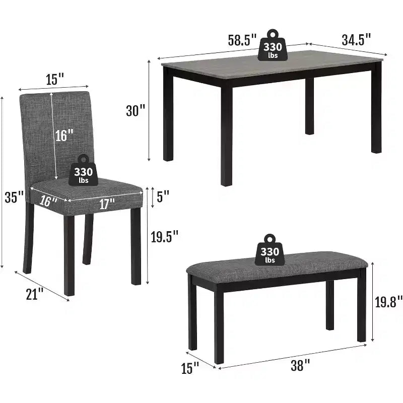 Set da tavolo da pranzo in legno massello da 6 pezzi, include 1 tavolo da pranzo, 4 sedie imbottite e 1 panca, per sala da pranzo, cucina, ristorante, grigio scuro
