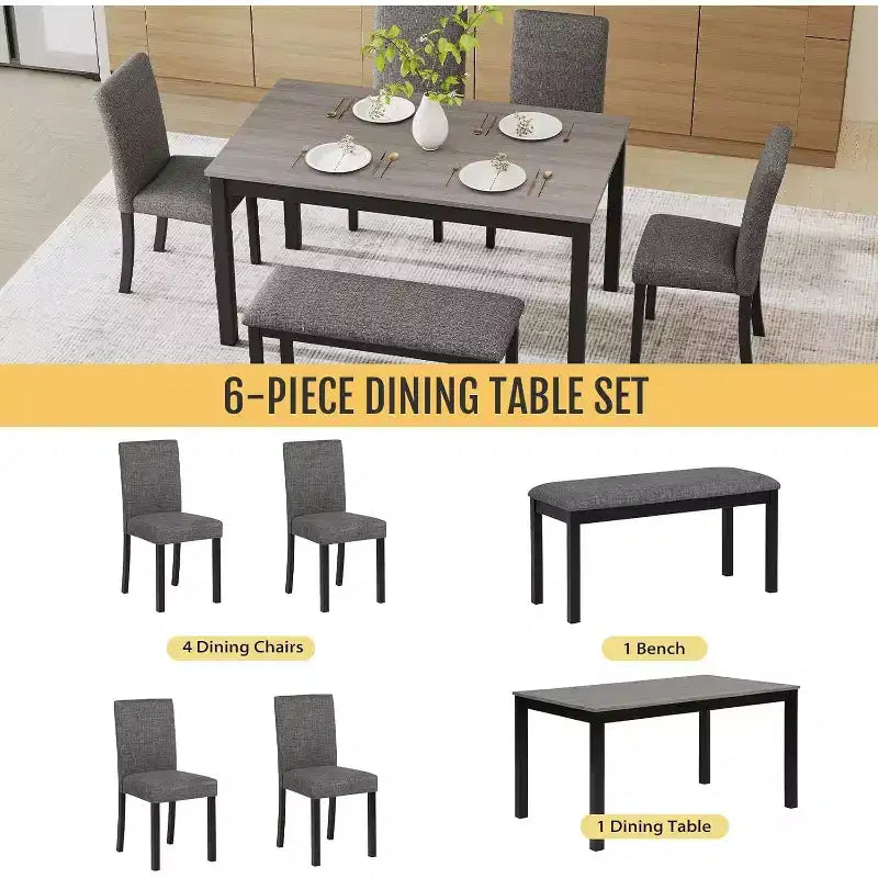 Set da tavolo da pranzo in legno massello da 6 pezzi, include 1 tavolo da pranzo, 4 sedie imbottite e 1 panca, per sala da pranzo, cucina, ristorante, grigio scuro