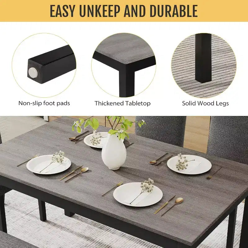 Set da tavolo da pranzo in legno massello da 6 pezzi, include 1 tavolo da pranzo, 4 sedie imbottite e 1 panca, per sala da pranzo, cucina, ristorante, grigio scuro