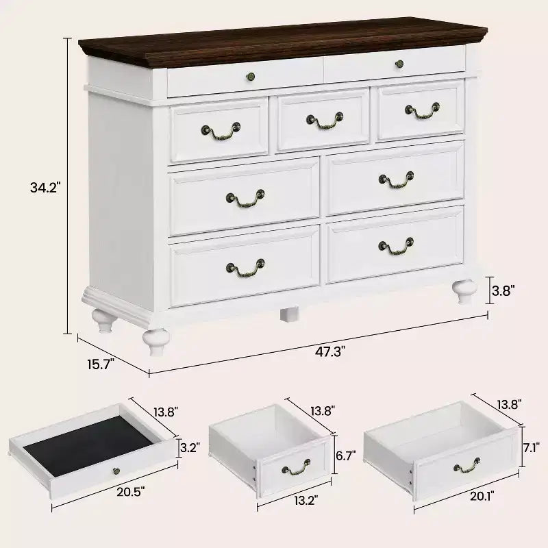 Cassettiera rustica a 9 cassetti da 120 cm per camera da letto e soggiorno