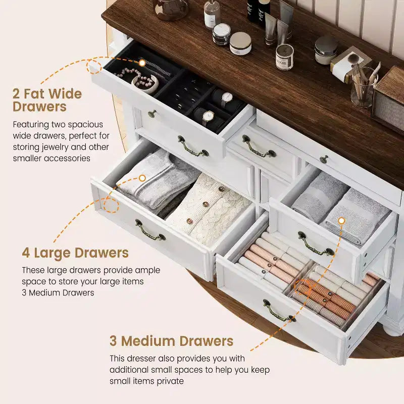 Cassettiera rustica a 9 cassetti da 120 cm per camera da letto e soggiorno